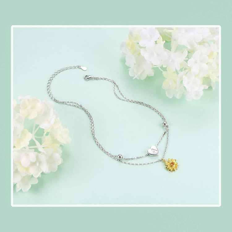 925 Sterling Silver Double Sunflower Customizable Alphabet Anklets Summer Style - onlyone