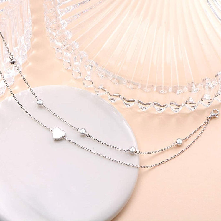 925 Sterling Silver Heart Double Layer Anklet Adjustable Anklet - onlyone