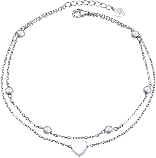 925 Sterling Silver Heart Double Layer Anklet Adjustable Anklet - onlyone