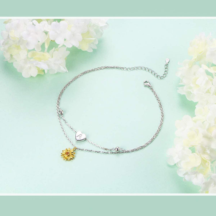 925 Sterling Silver Double Sunflower Customizable Alphabet Anklets Summer Style - onlyone