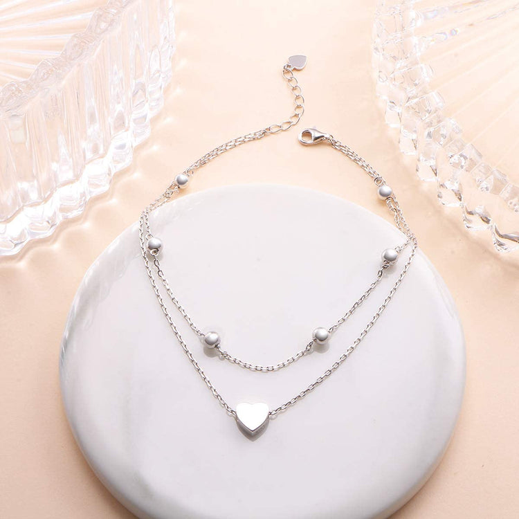 925 Sterling Silver Heart Double Layer Anklet Adjustable Anklet - onlyone