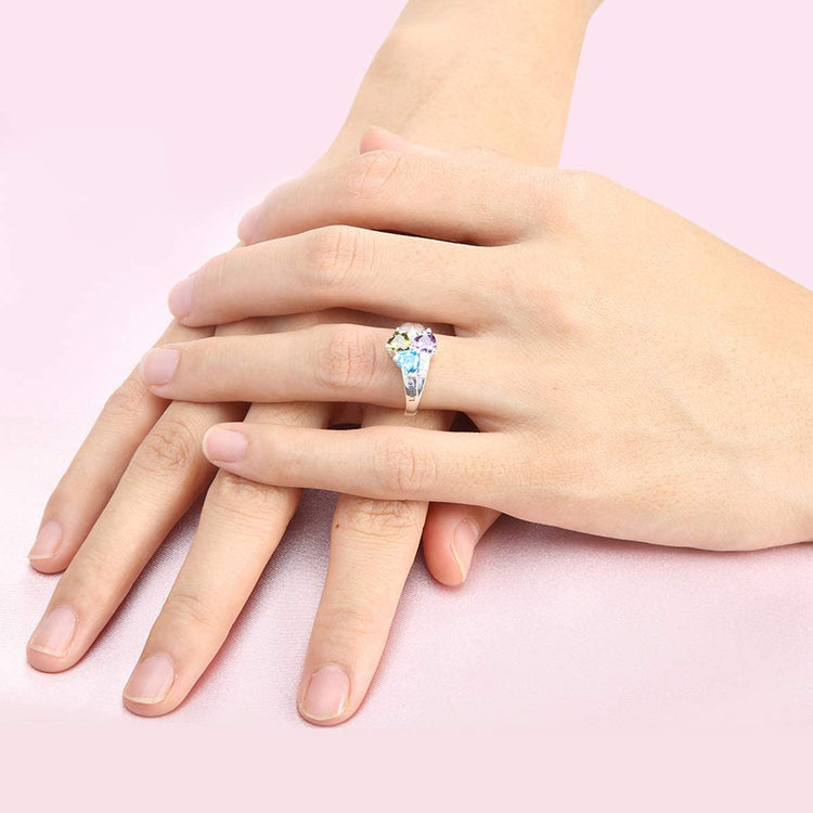 925 Sterling Silver Custom Engraved Name Mothers Ring with 3 Birthstones - onlyone
