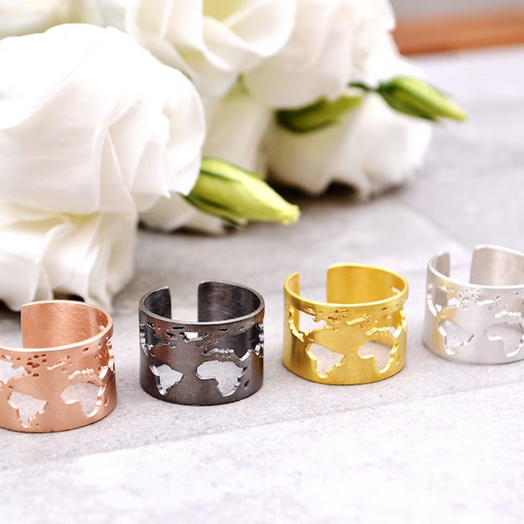 925 Sterling Silver Gold Travel Ring World Map Ring Gift for Teens Graduation