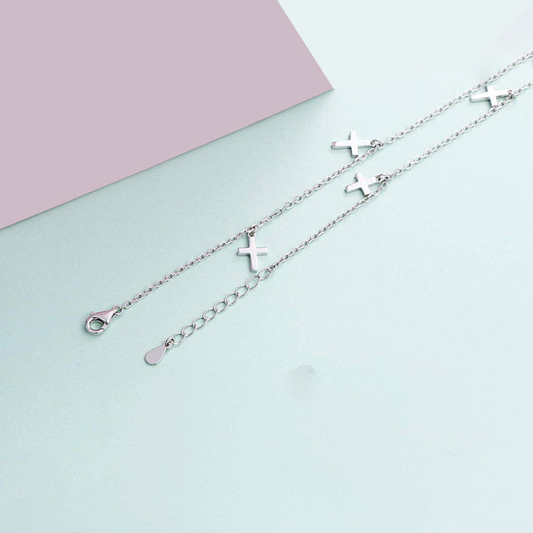 925 Sterling Silver Adjustable Cross Pendant Anklet