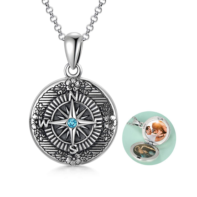 925 Sterling Silver Compass Photo Locket Necklace Graduation Gifts