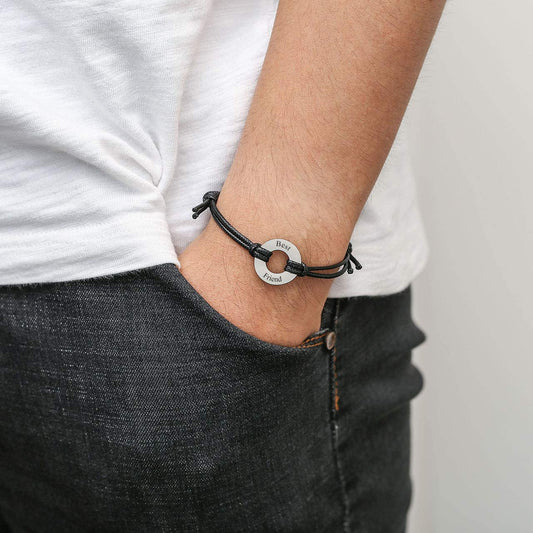 Personalized Free Engraving Custom Name Date Initial Adjustable Leather Bracelet With Circle Charm - onlyone