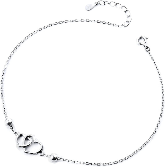 925 Sterling Silver Double Heart Adjustable Anklet - onlyone