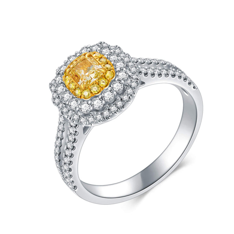 18K Vintage Halo Cushion Yellow Diamond Ring