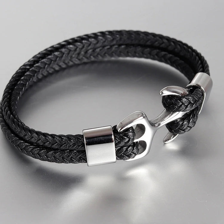 High Quality Men's Titanium Steel Bracelet Black Personality Leather Woven Anchor Leather Bracelet Rope Bracelet For Men Gift - onlyone