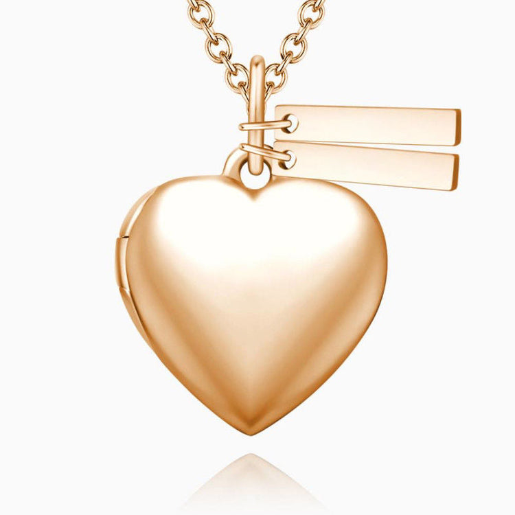 925 Sterling Silver Heart Photo Locket Necklace With Two Engraved Bars - onlyone