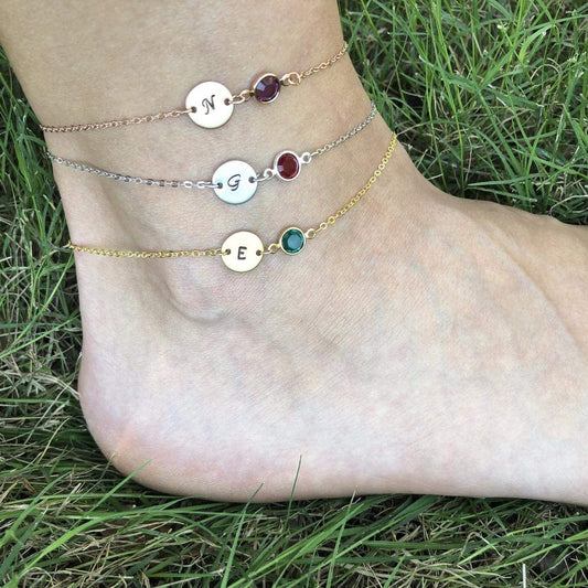 925 Sterling Silver Initial Disc And Birthstone Anklet Bracelet