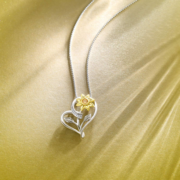 925 Sterling Silver Sunflower and Heart Pendant Necklace - onlyone