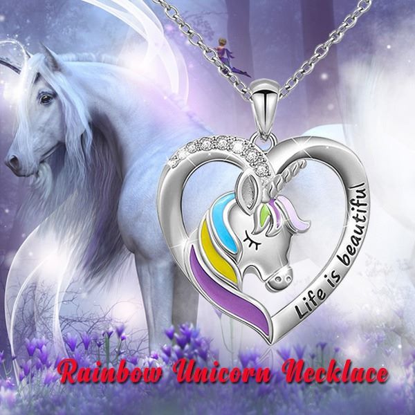 925 Sterling Silver Rainbow Unicorn Necklace 'Life is beautiful' Heart Pendant for Girls Mother Daughter - onlyone
