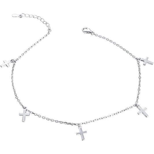 925 Sterling Silver Adjustable Cross Pendant Anklet - onlyone