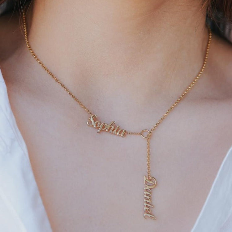 925 Sterling Silber Vertikales Lariat Multi Namen Y Stil Namensschild Halskette