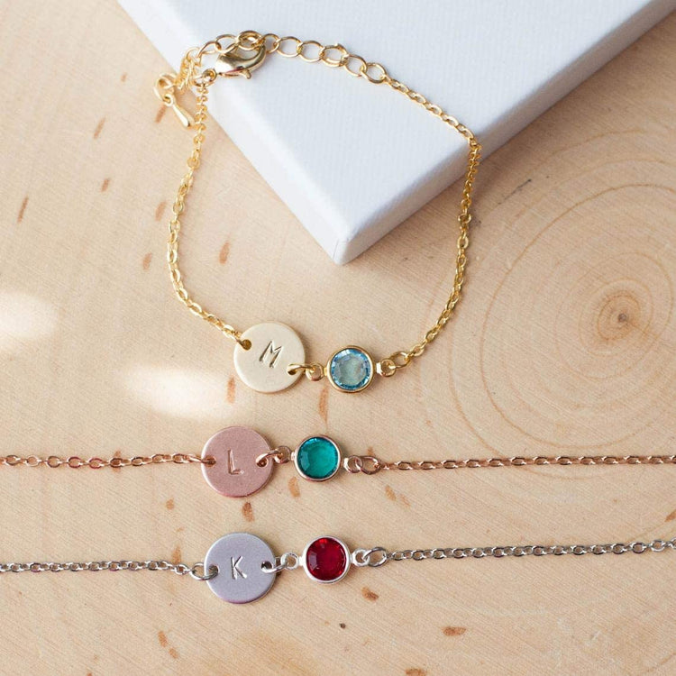 925 Sterling Silver Initial Disc And Birthstone Anklet Bracelet
