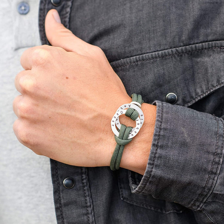 Men Personalized Rope Bracelet with Custom Engraved Hoop Fathers Day Bracelet - onlyone