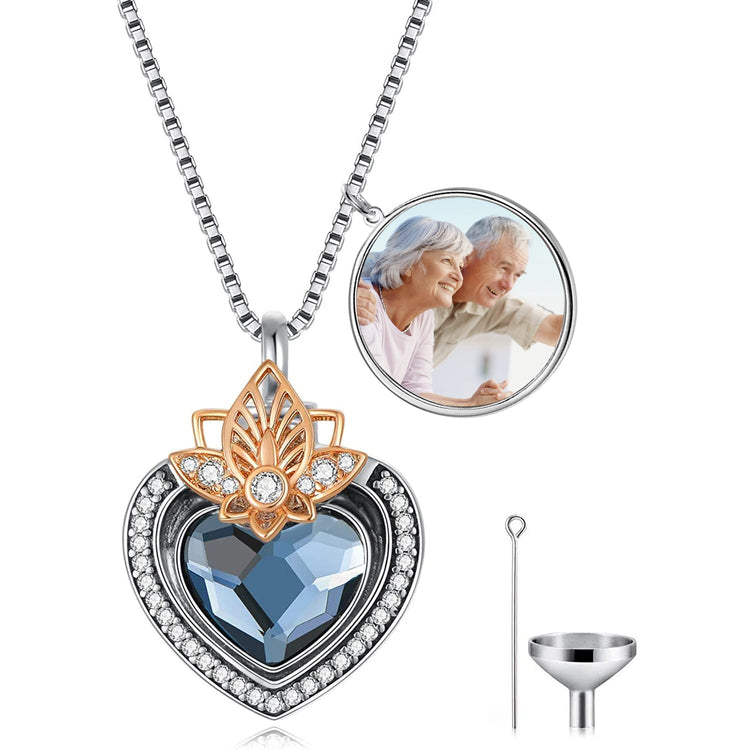 PRAYBIRDS 925 Sterling Silver Heart Flower Urn Necklace for Ashes, Cremation Keepsake Necklace with Crystal