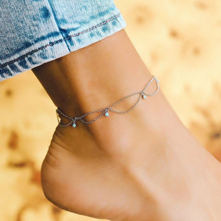 925 Sterling Silver Bohemia Style Anklet With Turquoise