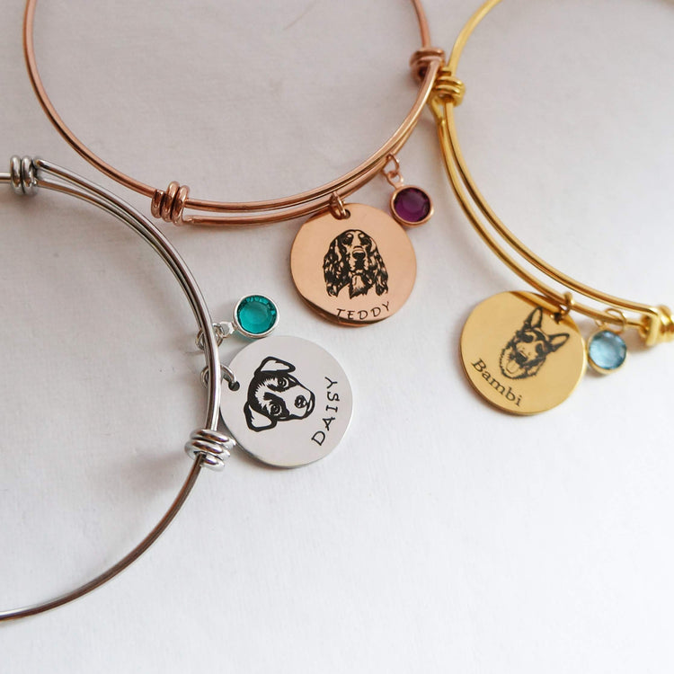 925 Sterling Silver Custom Pet Portrait Adjustable Bangle Round Photo Bangle