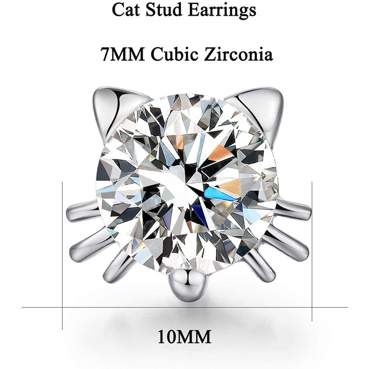 925 Sterling Silver Cute Cat Stud Earrings With 7mm Cubic Zirconia