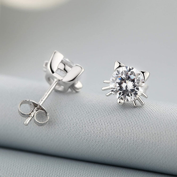 925 Sterling Silver Cute Cat Stud Earrings With 7mm Cubic Zirconia