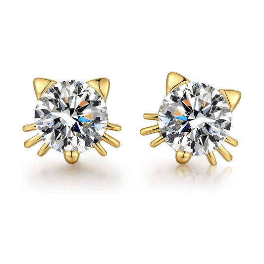 925 Sterling Silver Cute Cat Stud Earrings With 7mm Cubic Zirconia