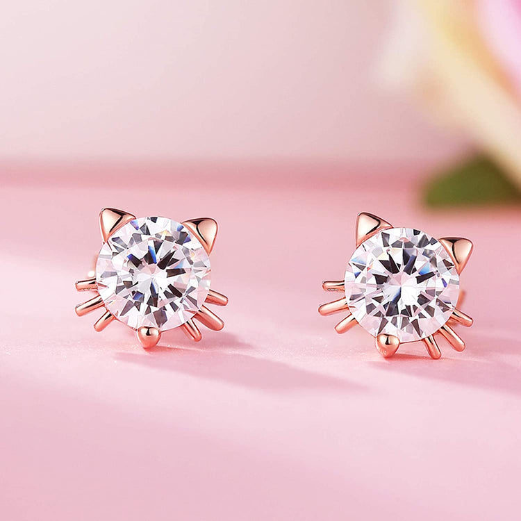 925 Sterling Silver Cute Cat Stud Earrings With 7mm Cubic Zirconia
