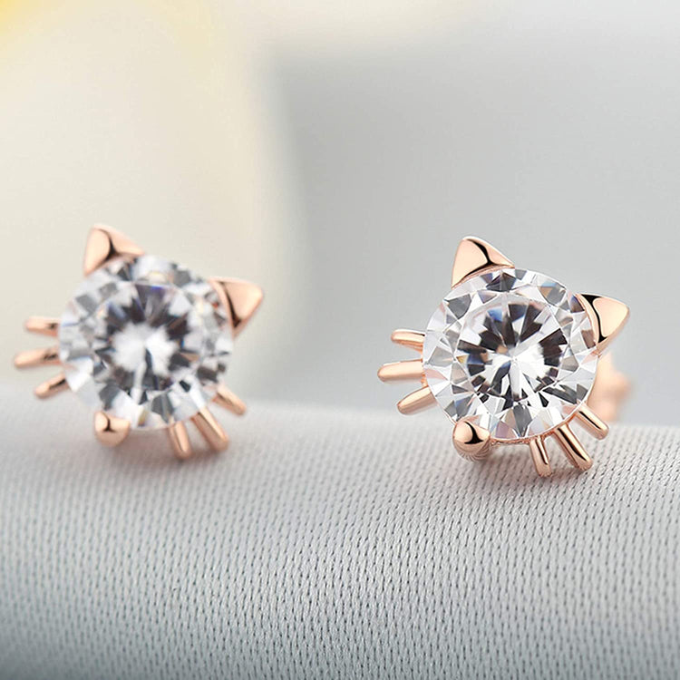925 Sterling Silver Cute Cat Stud Earrings With 7mm Cubic Zirconia