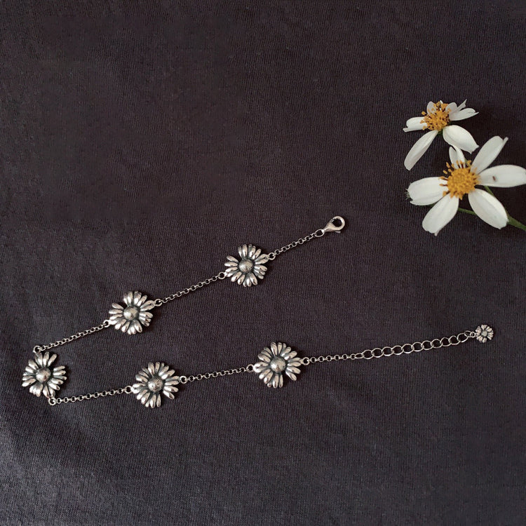 925 Sterling Silver Daisy Flower Anklet, Gift For Her