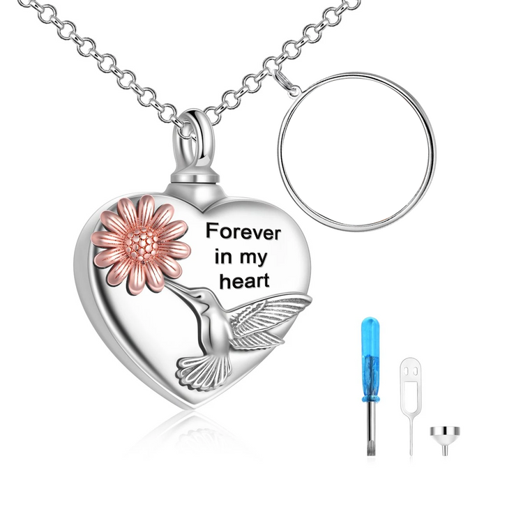 925 Sterling Silver Heart Flower Hummingbird Round Photo Urn Necklace for Ashes Cremation Jewelry