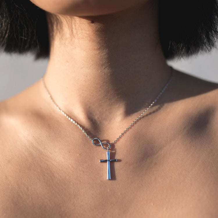 925 Sterling Silver Infinity Cross Vertical Lariat Necklace