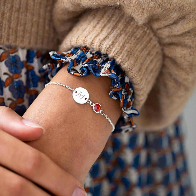 925 Sterling Silver Initial Disc And Birthstone Anklet Bracelet