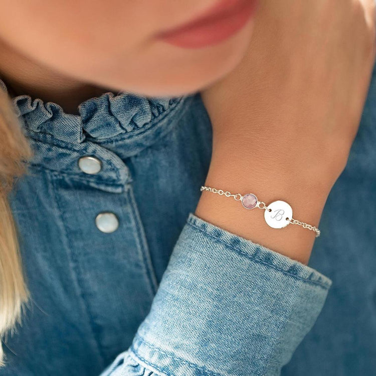 925 Sterling Silver Initial Disc And Birthstone Anklet Bracelet