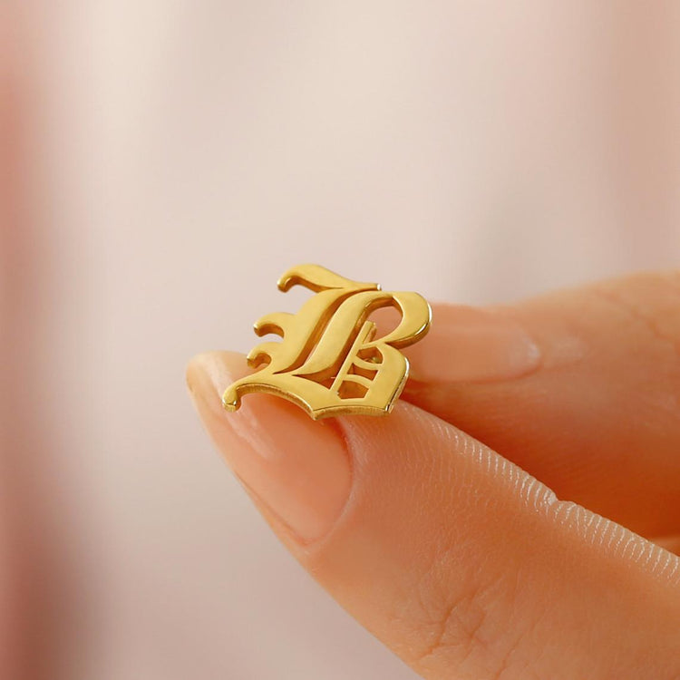 925 Sterling Silver Initial Stud Earrings In Old English Font