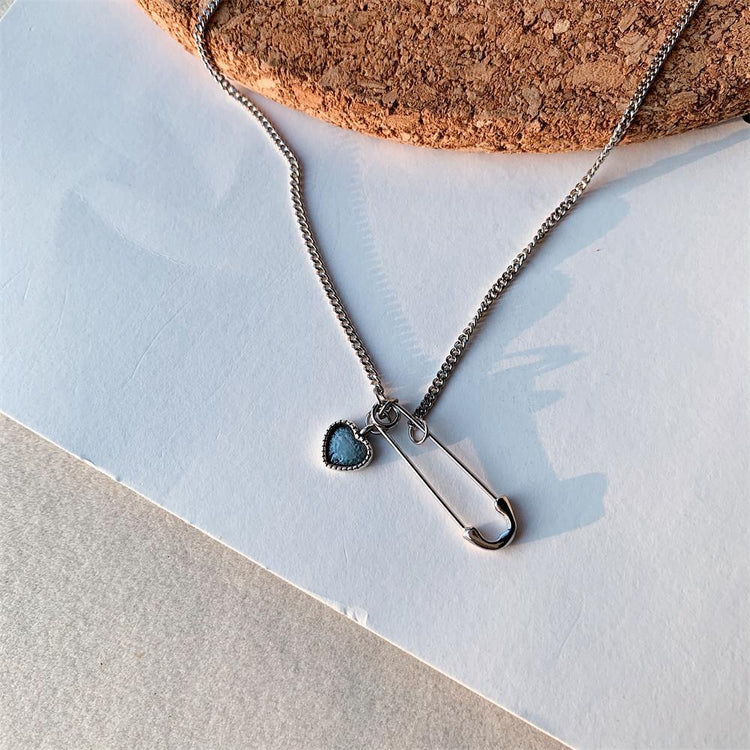 925 Sterling Silver Safety Pin Necklace With Heart