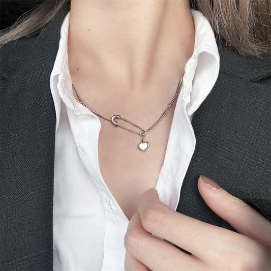 925 Sterling Silver Safety Pin Necklace With Heart