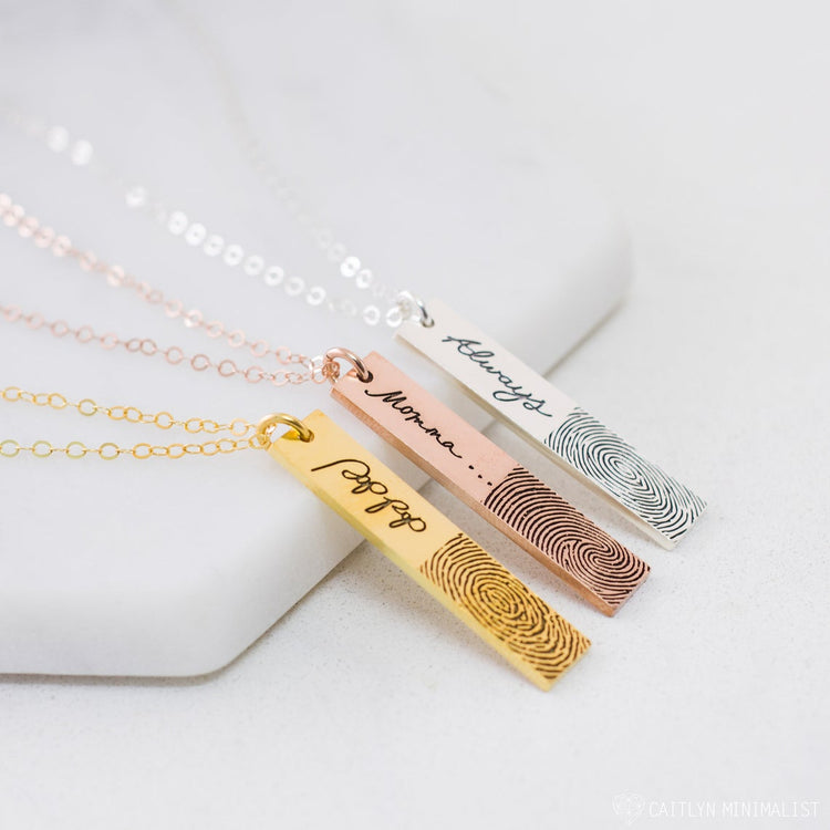 925 Sterling Silver Personalized Fingerprint Vertical Bar Necklace