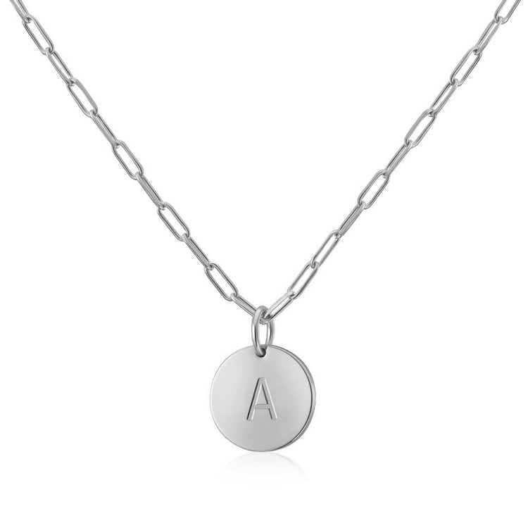 925 Sterling Silver Round Disc Initial Pendant Necklace In Clip Link Chain