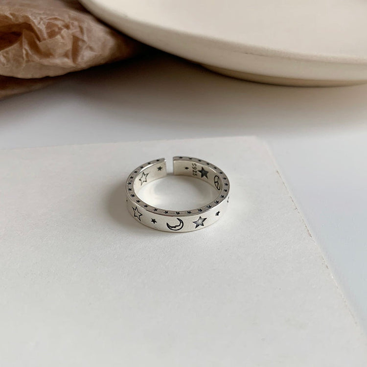 925 Sterling Silber Lächeln Gesicht Mond Stern Liebe und Frieden Offener Ring