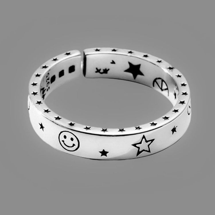 925 Sterling Silber Lächeln Gesicht Mond Stern Liebe und Frieden Offener Ring