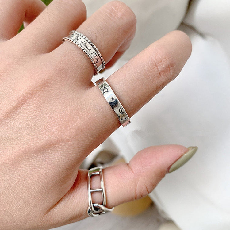 925 Sterling Silber Lächeln Gesicht Mond Stern Liebe und Frieden Offener Ring