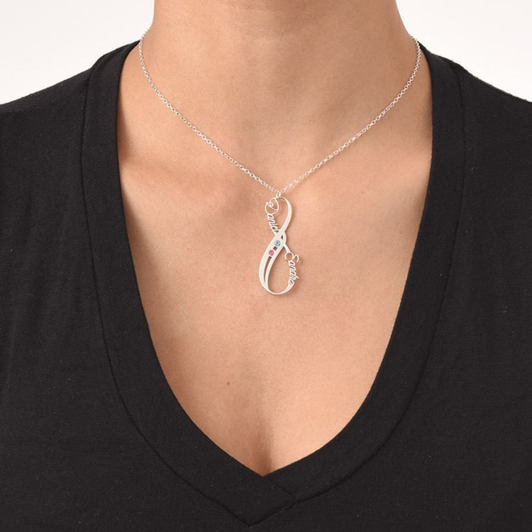 925 Sterling Silver Vertical Infinity Name Necklace With Birthstones
