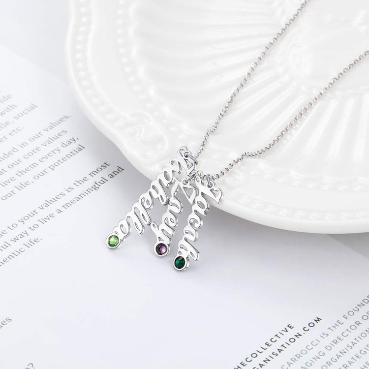 925 Sterling Silver Vertical Multi Name Necklace With Birthstone