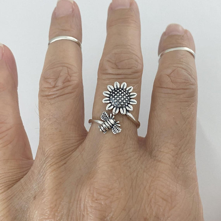 925 Sterling Silver Vintage Adjustable Sunflower and Bee Ring