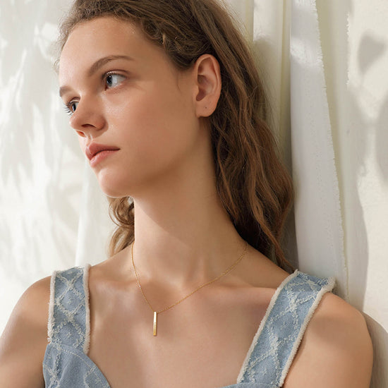 925 Sterling Silver 4 Side Engraved Vertical 3D Bar Name Necklace - onlyone