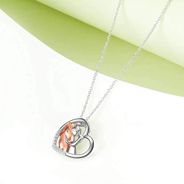 925 Sterling Silver Horse with Girl Heart Pendant Necklace for Girls, Girlfriend, Teens, Women, Daughter - onlyone