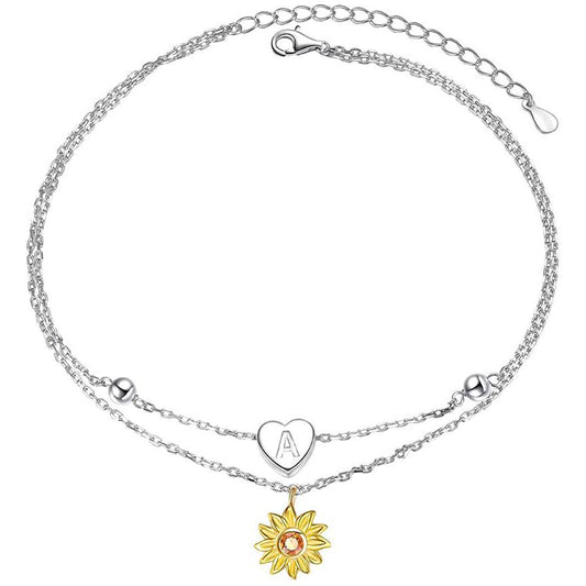 925 Sterling Silver Double Sunflower Customizable Alphabet Anklets Summer Style - onlyone
