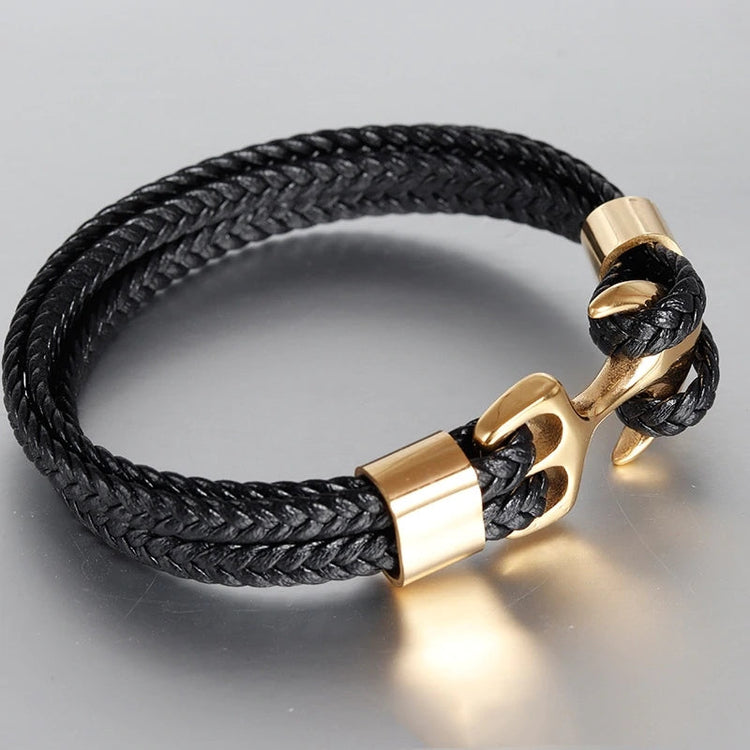 High Quality Men's Titanium Steel Bracelet Black Personality Leather Woven Anchor Leather Bracelet Rope Bracelet For Men Gift - onlyone