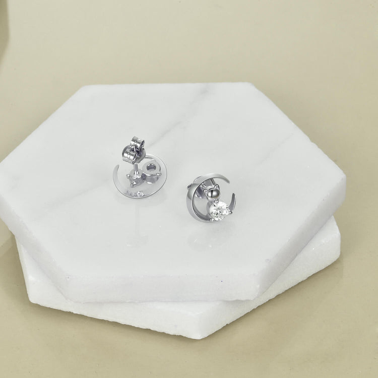 925 Sterling Silver Crescent Cat Stud Earrings